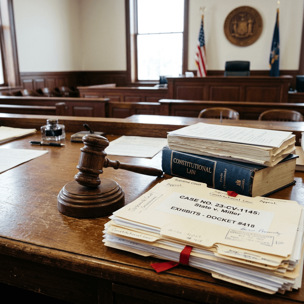 Courtroom desk with gavel, Constitutional Law book, and case exhibits labeled “CASE NO. 23-CV-1145: State v. Miller — EXHIBITS - DOCKET #418.”