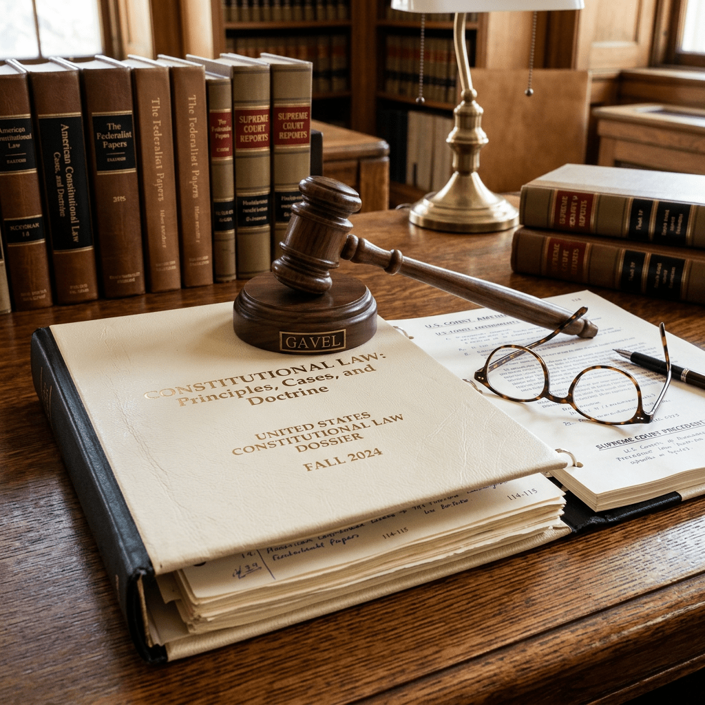Gavel resting on a constitutional law book beside legal documents