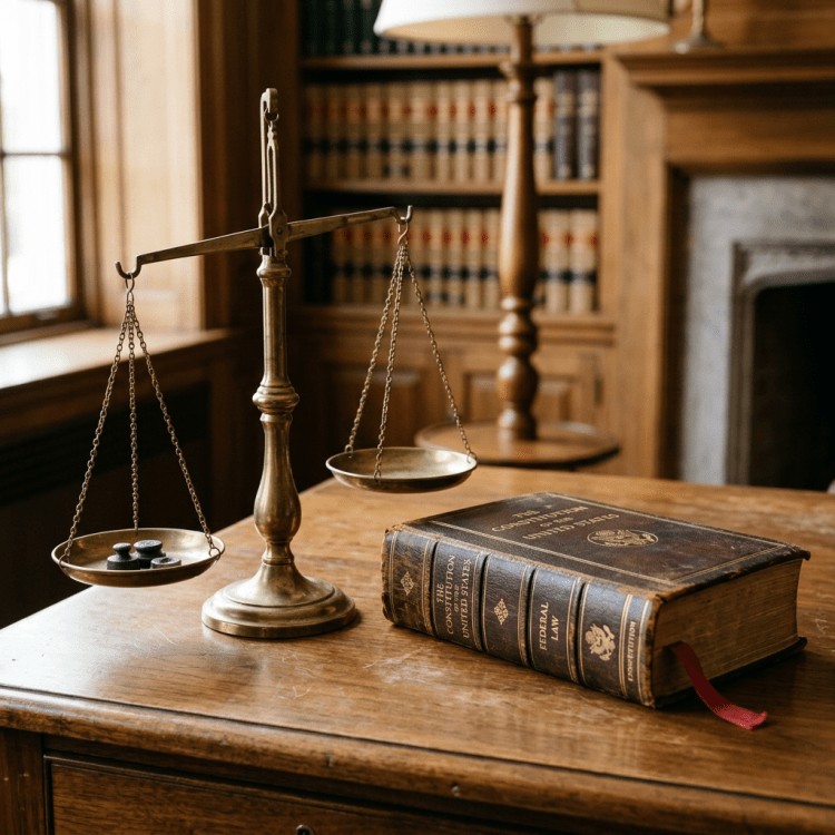 Brass balance scale beside law books on a wooden legal office desk
