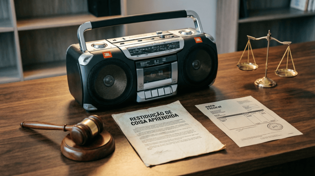 Um gravador de fita em uma mesa, ao lado de um martelo de juiz, um documento intitulado 'Restituição de Coisa Apreendida' e um contrato, com uma balança da justiça ao fundo.